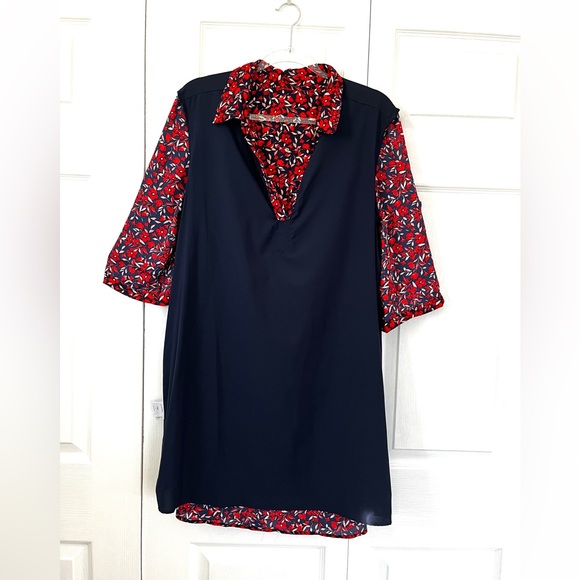 NY&Co Midi Dress w/ Red Floral Print on Navy, 3/4 Sleeve V-neck Belted sz L - Picture 3 of 12